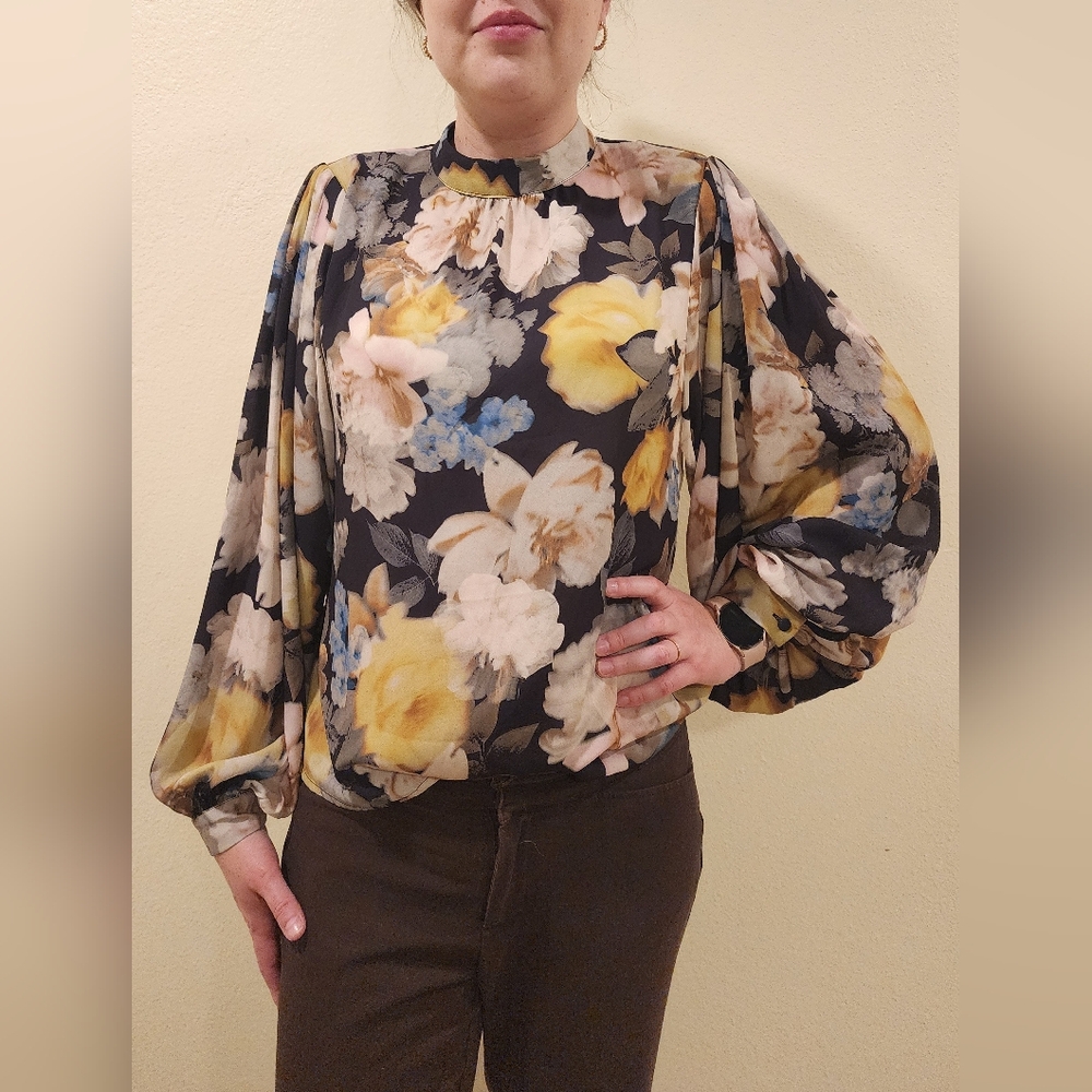 Flying Tomato Floral Chiffon Blouse in Black and Yellow